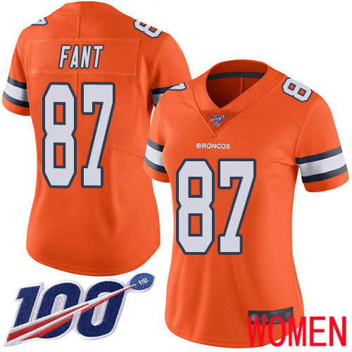 Women Denver Broncos #87 Noah Fant Limited Orange Rush Vapor Untouchable 100th Season Football NFL Jersey
